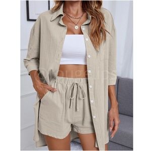 2 Piece Set: Beige Button Down Shirt and Shorts